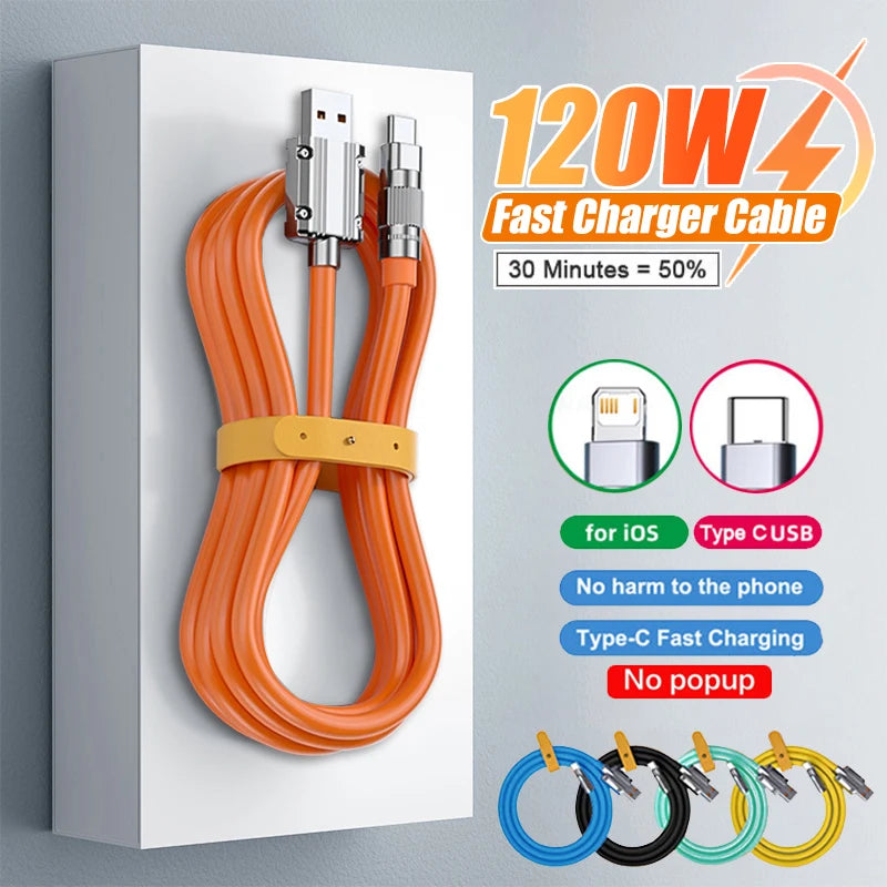 120W 6A Super Fast Charge USB-C Cable – Liquid Silicone for iPhone 14/15, Huawei, Samsung, Xiaomi