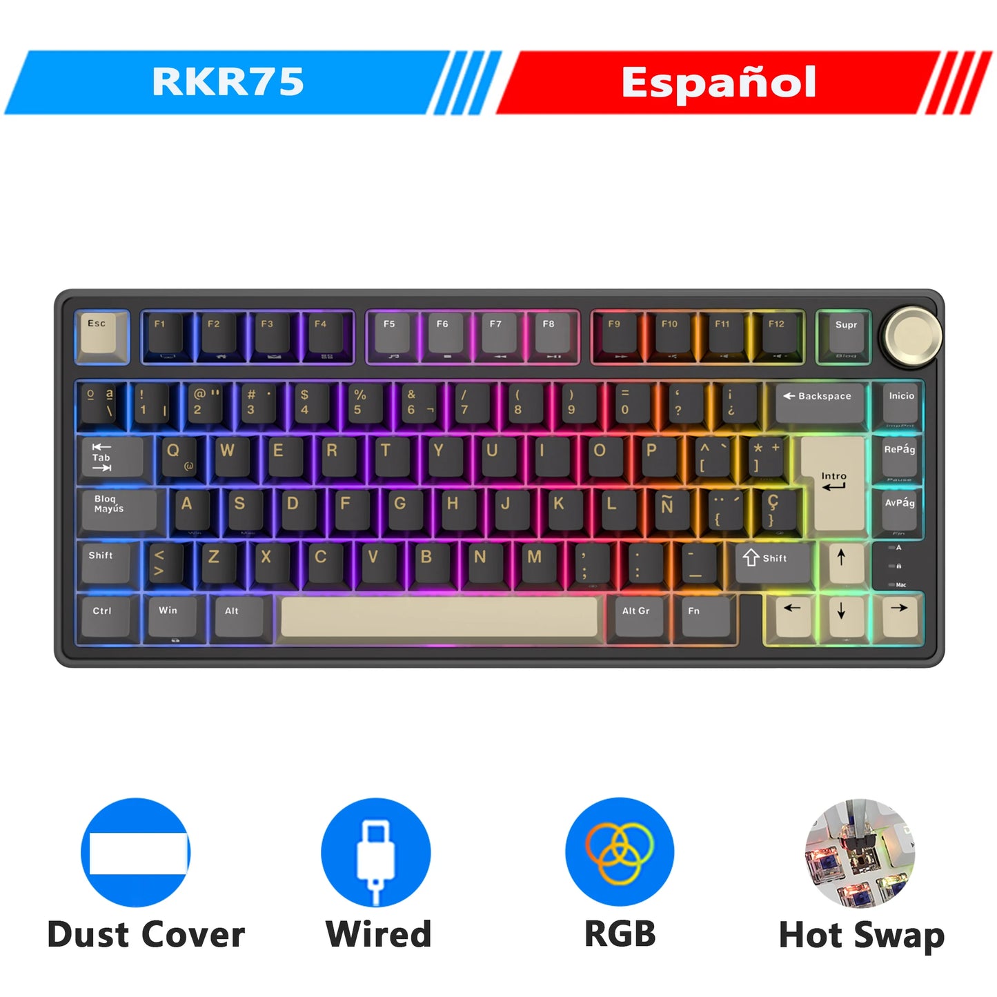 Mechanical Keyboard – 80 Keys, RGB Backlit, Hot-Swappable, Spanish Layout, MDA PBT Keycaps for Gamers