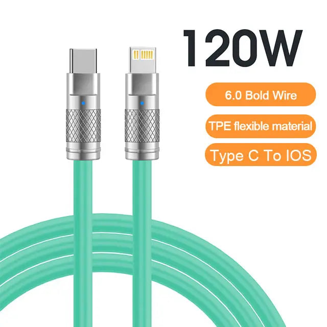 120W 6A Super Fast Charge USB-C Cable – Liquid Silicone for iPhone 14/15, Huawei, Samsung, Xiaomi