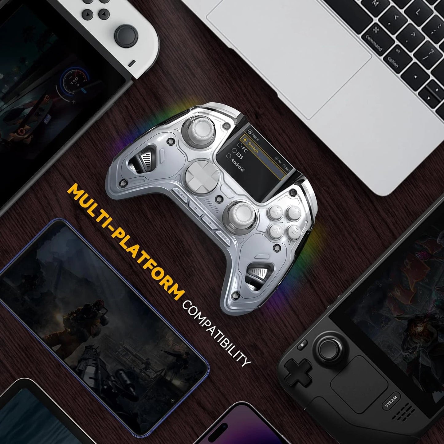 Wireless Gaming Controller with Hall Effect Sticks – RGB Light, 1800mAh, Charging Dock for Switch, PC, iOS, Android