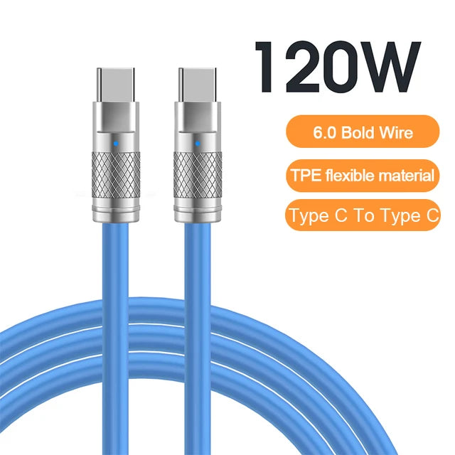 120W 6A Super Fast Charge USB-C Cable – Liquid Silicone for iPhone 14/15, Huawei, Samsung, Xiaomi