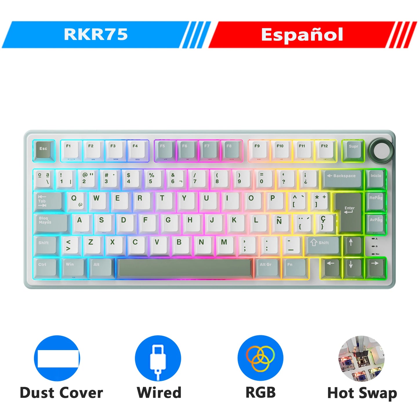 Mechanical Keyboard – 80 Keys, RGB Backlit, Hot-Swappable, Spanish Layout, MDA PBT Keycaps for Gamers