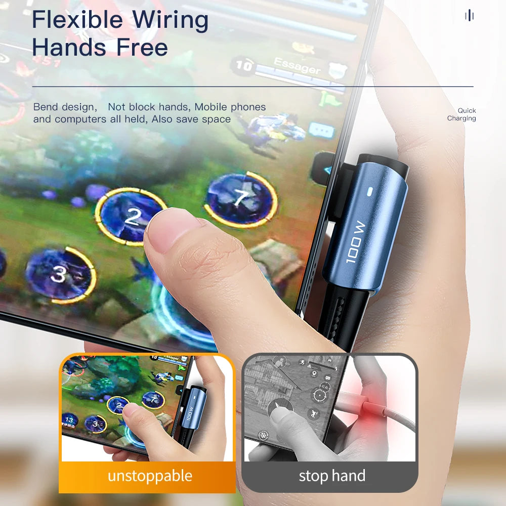 100W USB Type-C to Type-C Cable – 90° Angle Fast Charging for iPad, MacBook Pro, Xiaomi, Samsung, Huawei