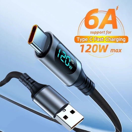 120W USB-A to Type-C Cable – 6A Super Fast Charger with LED Display for Xiaomi, Redmi, POCO, Samsung
