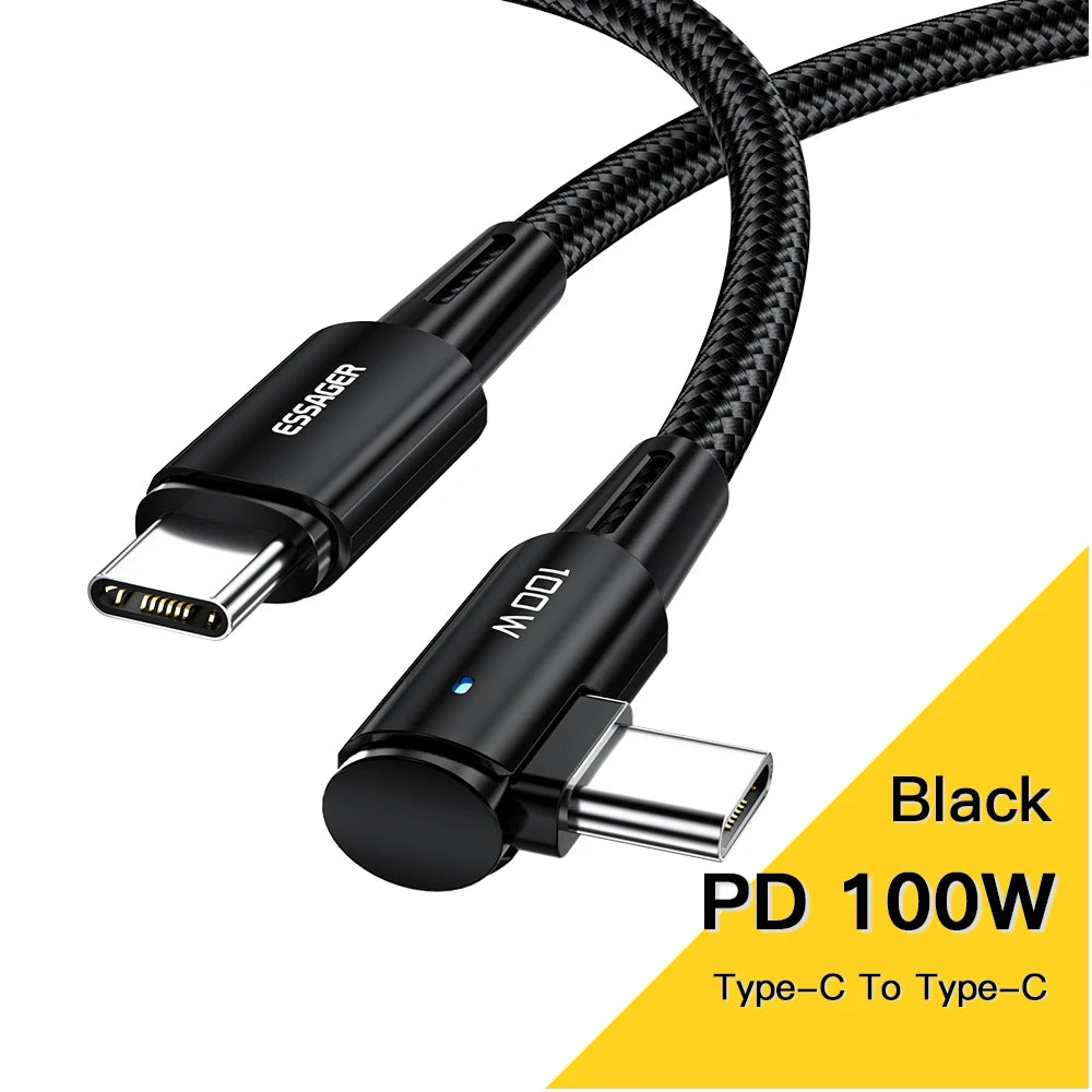 100W USB Type-C to Type-C Cable – 90° Angle Fast Charging for iPad, MacBook Pro, Xiaomi, Samsung, Huawei