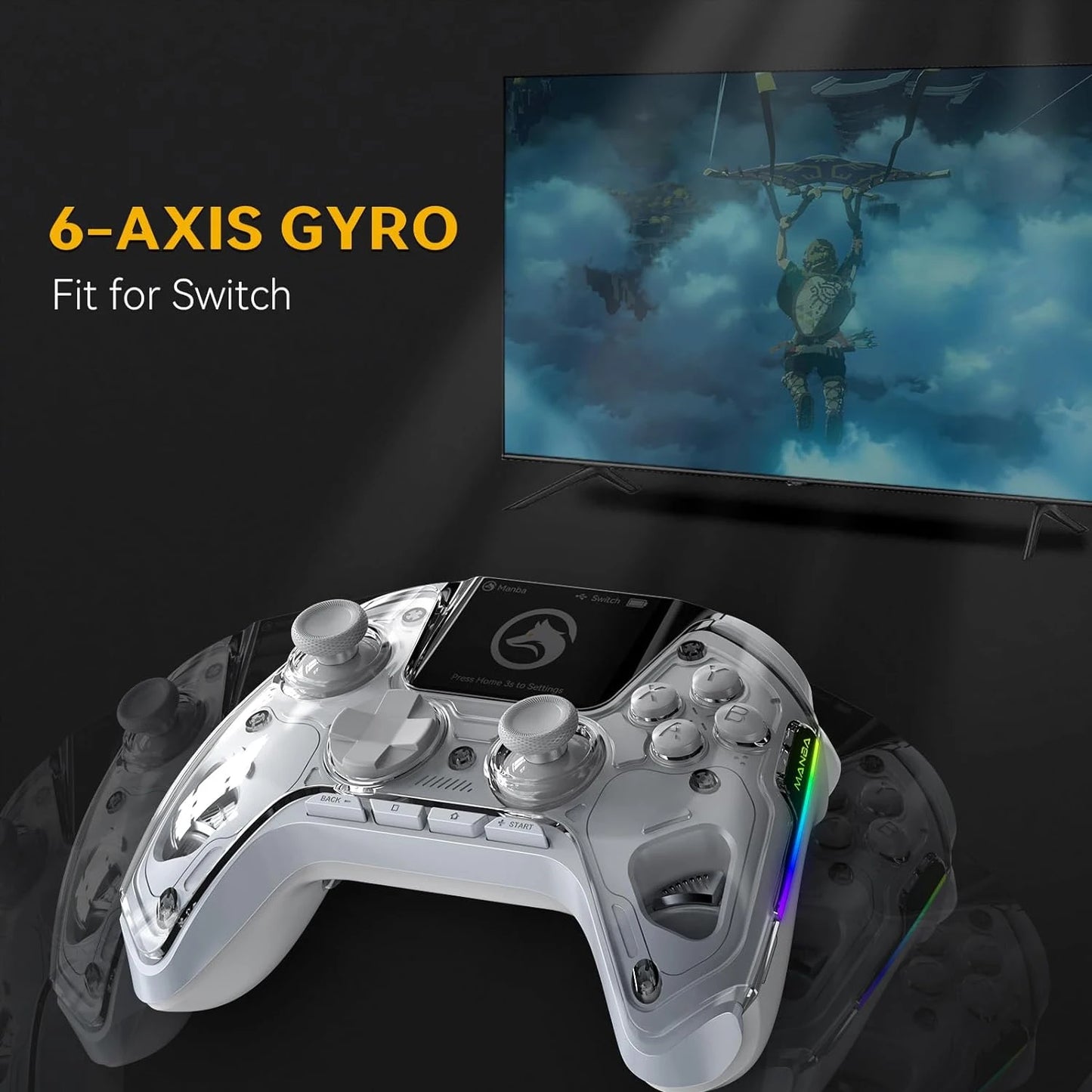 Wireless Gaming Controller with Hall Effect Sticks – RGB Light, 1800mAh, Charging Dock for Switch, PC, iOS, Android